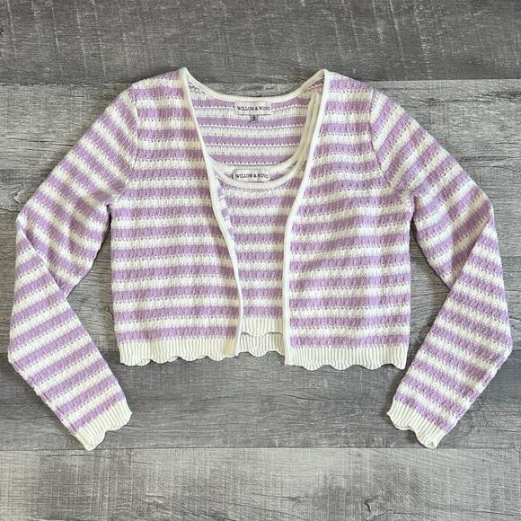 Willow & Wind Cardigan Knit Sweater Crop Twin Set Women M Lavendar Ivory Striped - Picture 1 of 7
